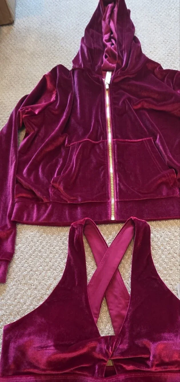 Fabletics Velvet High-Waist Leggings Matching Bra And Sweatshirt - Deep Berry